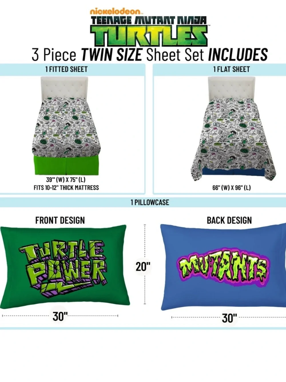 Teenage Mutant Ninja Turtles Kids 3-Piece Twin Sheet Set,Microfiber, Nickelodeon